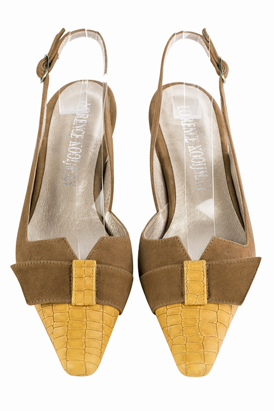 Mustard yellow and caramel brown women's open back shoes, with a knot. Tapered toe. Low block heels. Top view - Florence KOOIJMAN